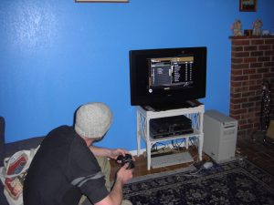 Ben playing video soccer.