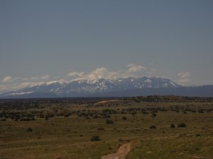 Our first glimpse of the La Sal mountain range with miles of desert in the foreground.