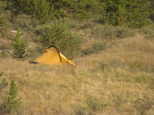 Our camp and the Marmot Area 51 tent (wierd looking, huh?) high up at the edge of the meadow.