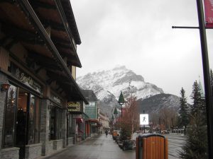 The mountains from downtown Banff (the town) in Banff (the Park) in Alberta, Canada