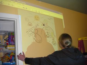 Jess copying the images from Marving the Merry Monster onto the walls of the nursery. Grandpa azelton wrote the book as a grad school project, and Grandma Hazelton did the illustrations.