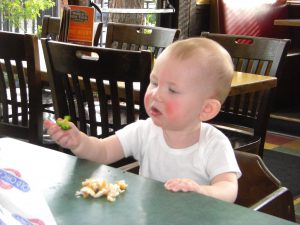 Genevieve eats a piece of broccoli. You should've seen the ring of veggies that surrounded her high chair by the time we left!