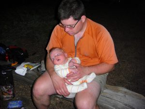 Baby, cloth diaper, wet wipe, waterproof food back, and exhausted dad, it must eb a backpacking trip.