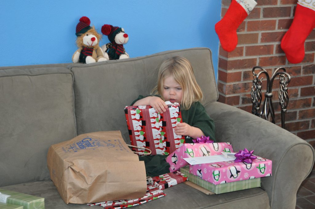 Phoebe with her pile of gifts.