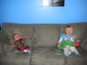 The true first day of school. Phoebe insisted that she and Benjamin (who was screaming) sit on opposite sides of the couch.
