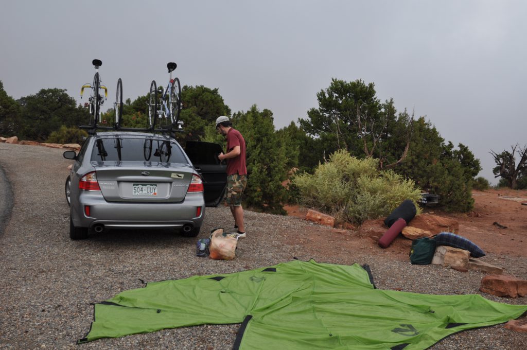 Packing up after the rainy first night of camping.