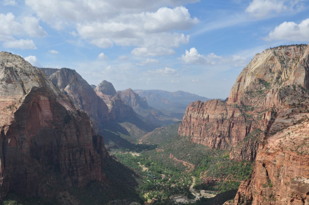 The view looking down the canyon from atop Angle's Landing. If you look closely you can see the Virgin River and the lodge. Elijah never did get his soft-serve; bummer!