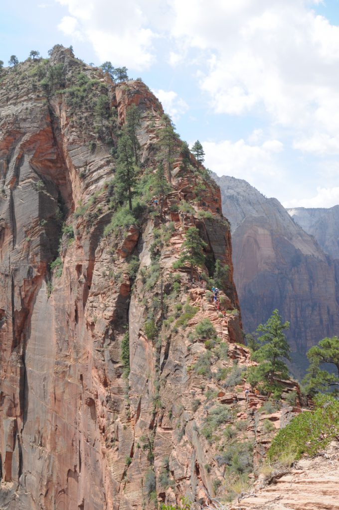 This shot doesn't really do justice to the imposing reality that is the upper part of the trail to Angel's Landing, but you can see how narrow, steep, and rocky it is. All of those "ants" marching up the trail are people.