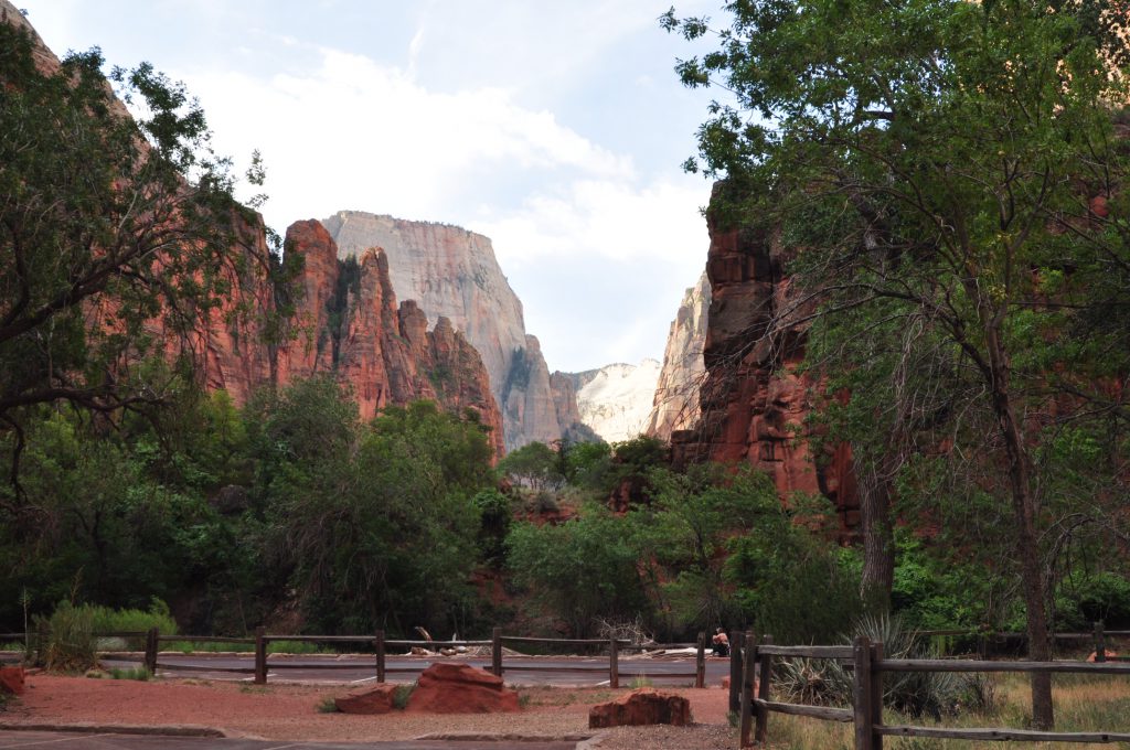 The view from the Temple of Sinawava stop at the end of the Zion Canyon scenic drive.