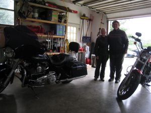 In our leathers in Matt's garage.