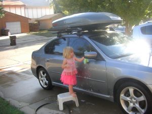 Phoebe begged to wash the car all morning.