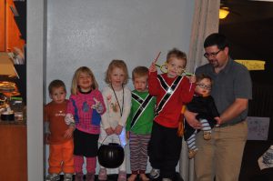 All our trick-or-treaters: Whitman, Phoebe, Tilley, Thomas, John, Benjamin, and Dave.