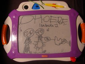 Magnadoodle drawing of Phoebe and her friend Isabelle J.
