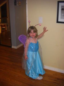 Phoebe is beautiful as an Elsa butterfly. She made her antennae herself!