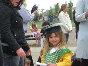 Holding her diploma.