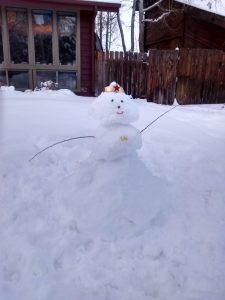 Wonder Woman snowperson. Phoebe created the eyes, nose, mouth, and "W" out of pipe cleaners all by herself.