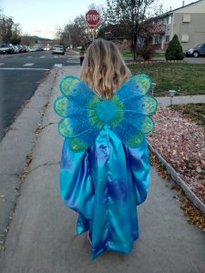 Peacock fairy from the back. Phoebe found the matching wings and wand at JoAnn Fabrics.